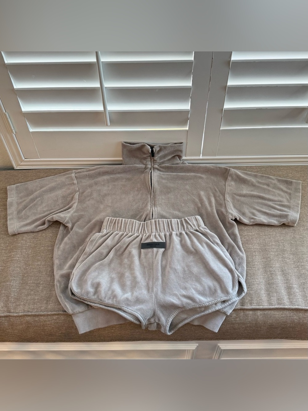 Fear of God Essentials Taupe Velour Oversized Half Zip Pullover + Shorts Size S